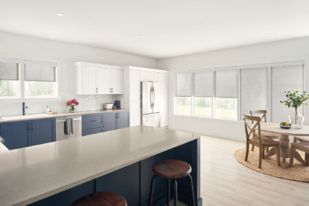 Kitchen with white solar window shades