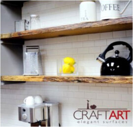 Open wood shelves in kitchen