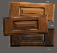 Cabinet drawer fronts with stain and glaze accents